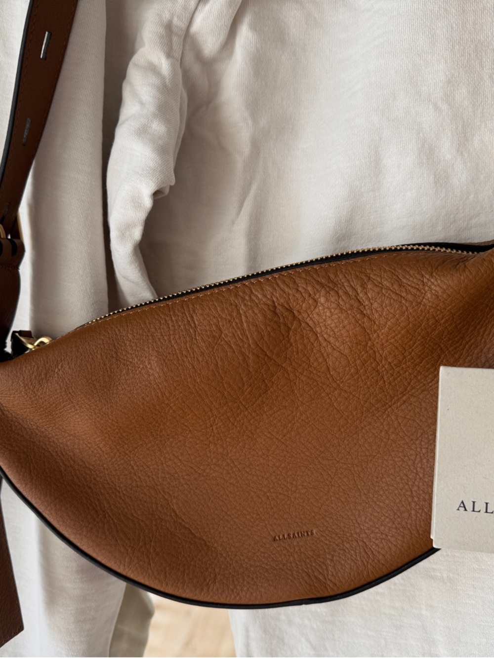 AllSaints Sepia Brown Half Moon Crossbody Cognac Leather Bag